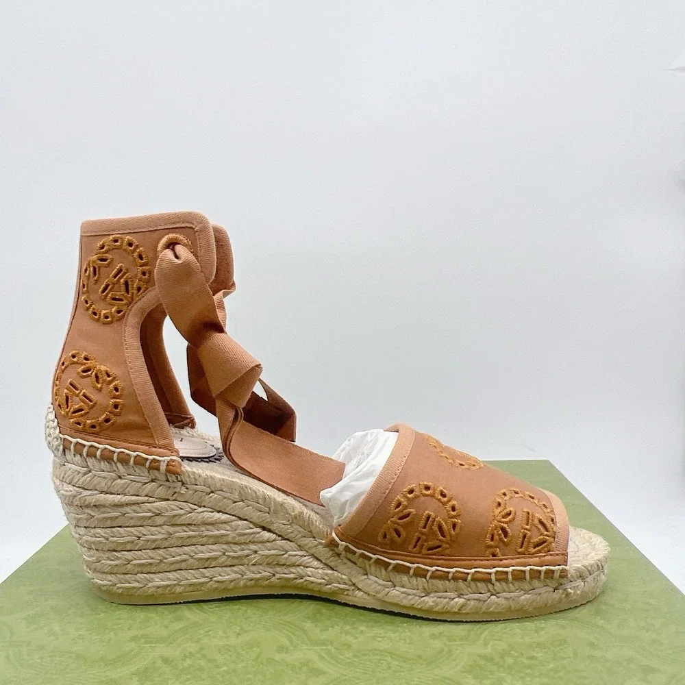 Gucci GG Damita Espadrille Wedge Sandal Eyelet Canvas Cognac Brown EU 38 US 8